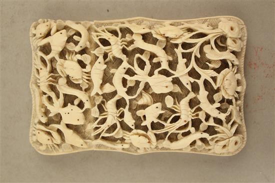 An unusual Chinese export ivory card case, 19th century, 11.5cm., part of cover lacking